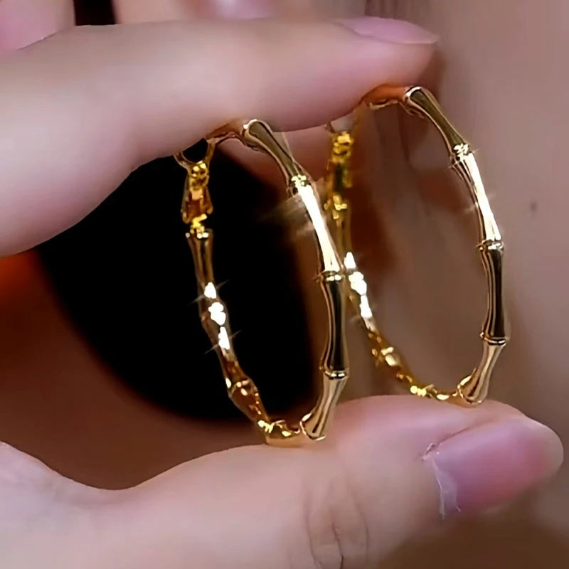 14K Gold-Plated Elegant Bamboo Exaggerated Large Hoop Earrings - elegant Large Bamboo Hoops
