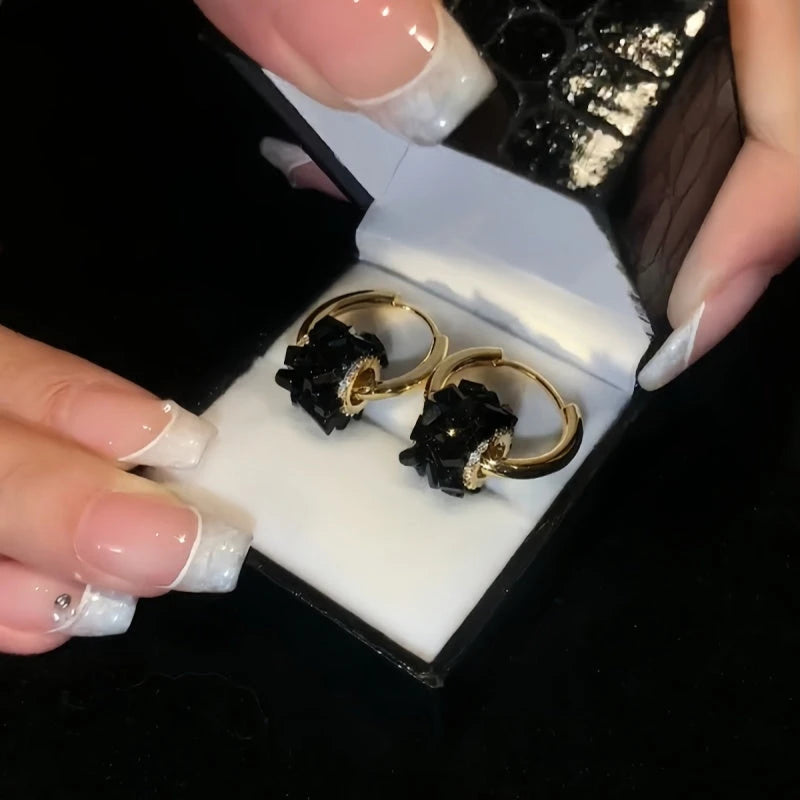 14K Gold-Plated Elegant Black Crystal Ring Earrings - elegant Black Crystal Earrings