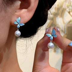 14K Gold-Plated Elegant Blue Butterfly Pearl Earrings - elegant Blue Butterfly Earrings