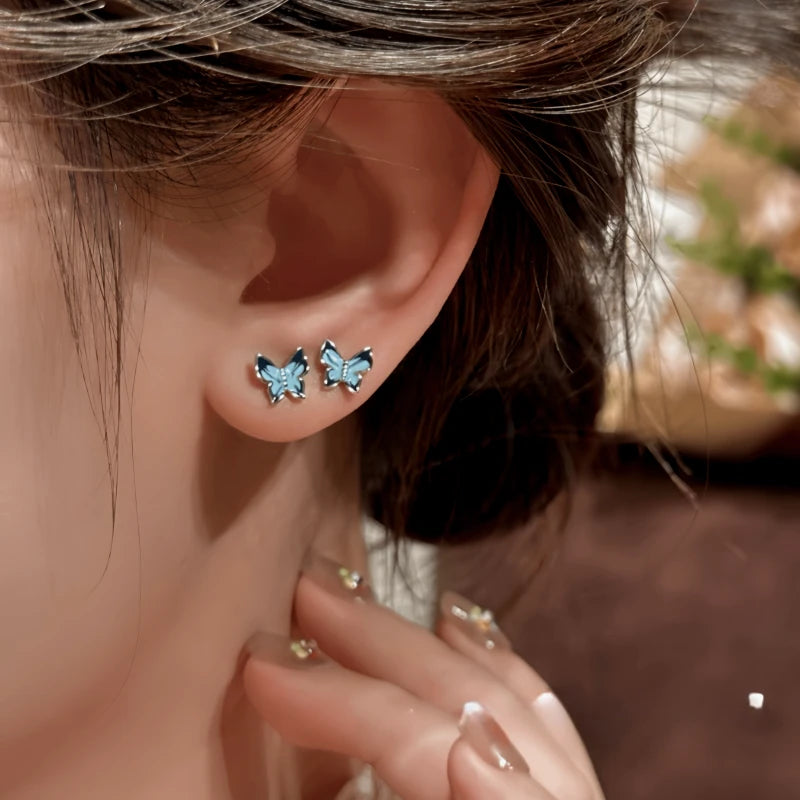 Close-up detail of the sparkling zircons and plating on the Blue Butterfly Studs