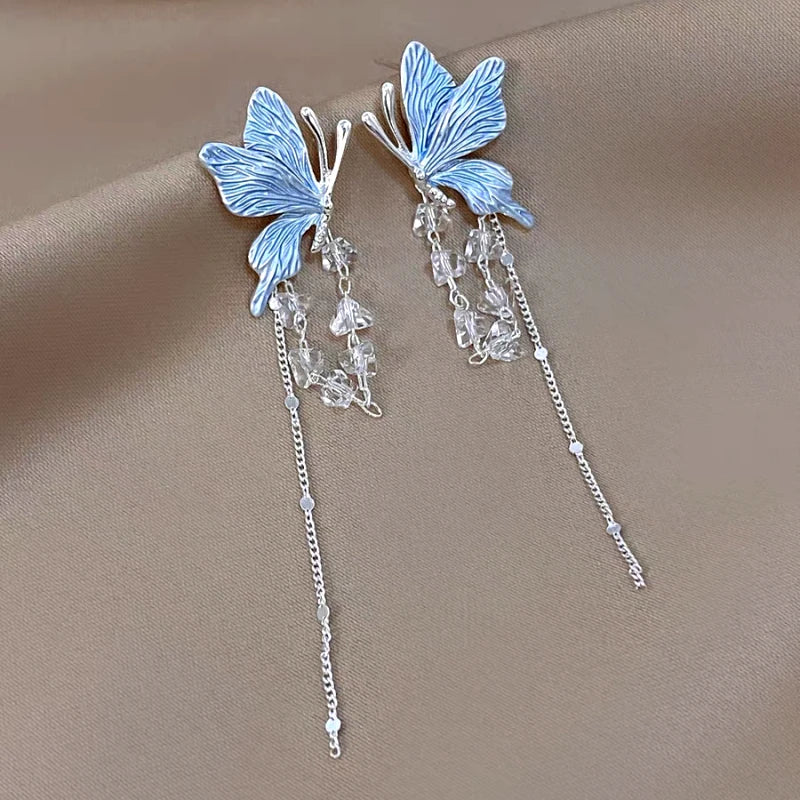 Close-up detail of the sparkling zircons and plating on the Butterfly Tassel Earrings