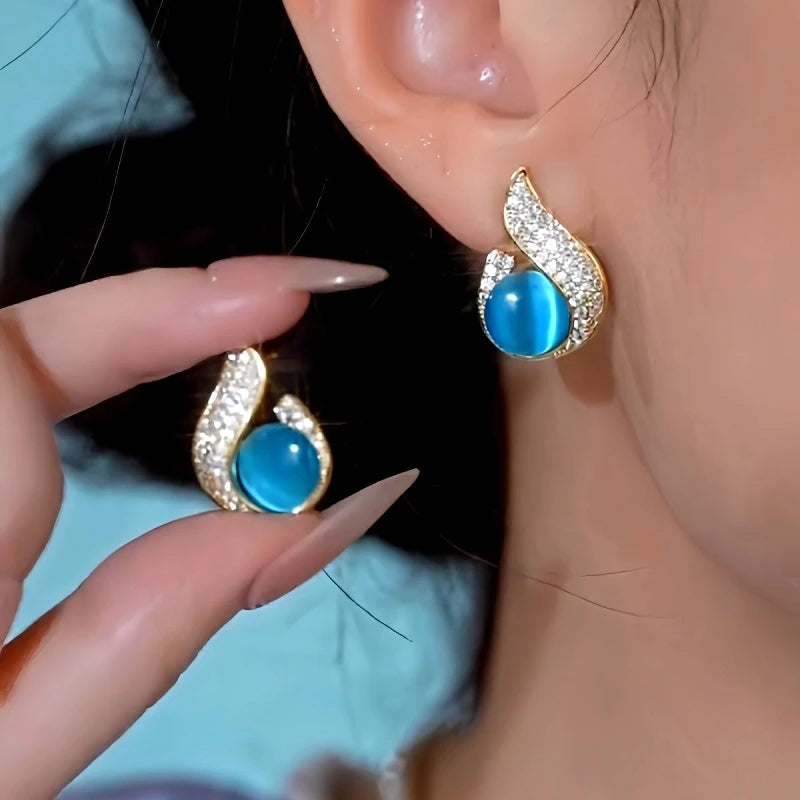 14K Gold-Plated Elegant Blue Cat's Eye Stone Earrings - elegant Blue Cat's Eye Earrings