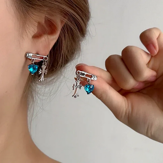 14K Gold-Plated Elegant Blue Diamond Heart Cross Pin Earrings - elegant Heart Cross Earrings