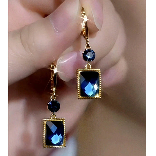 14K Gold-Plated Elegant Blue Square Crystal Earrings - elegant Blue Square Crystal Earrings