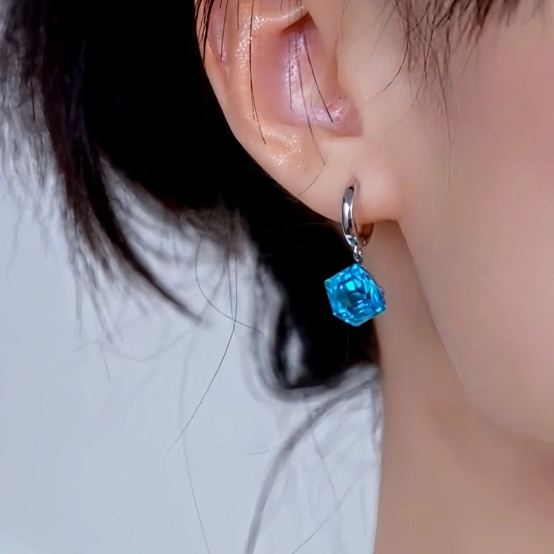 Close-up detail of the sparkling zircons and plating on the Blue Zircon Earrings