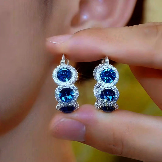 14K Gold-Plated Elegant Blue Zircon Diamond Hoop Earrings - elegant Blue Zircon Hoops