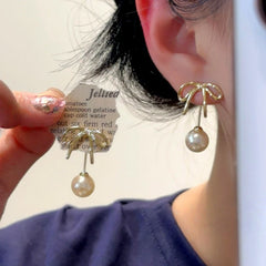 14K Gold-Plated Elegant Bow Pearl Jacket Earrings - elegant Bow Pearl Earrings