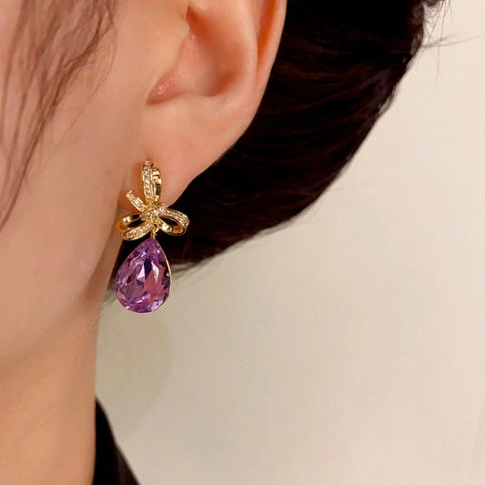 14K Gold-Plated Elegant Bow Purple Diamond Water Drop Earrings - elegant Bow Water Drop Earrings