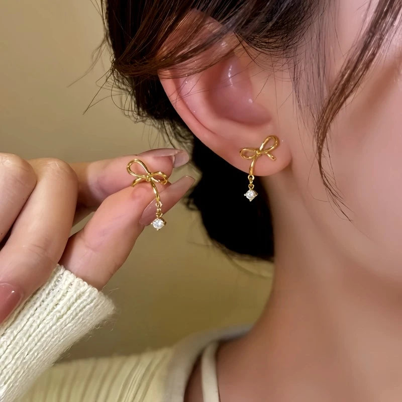 14K Gold-Plated Elegant Bow Zircon Water Drop Earrings - elegant Bow Water Drop Earrings