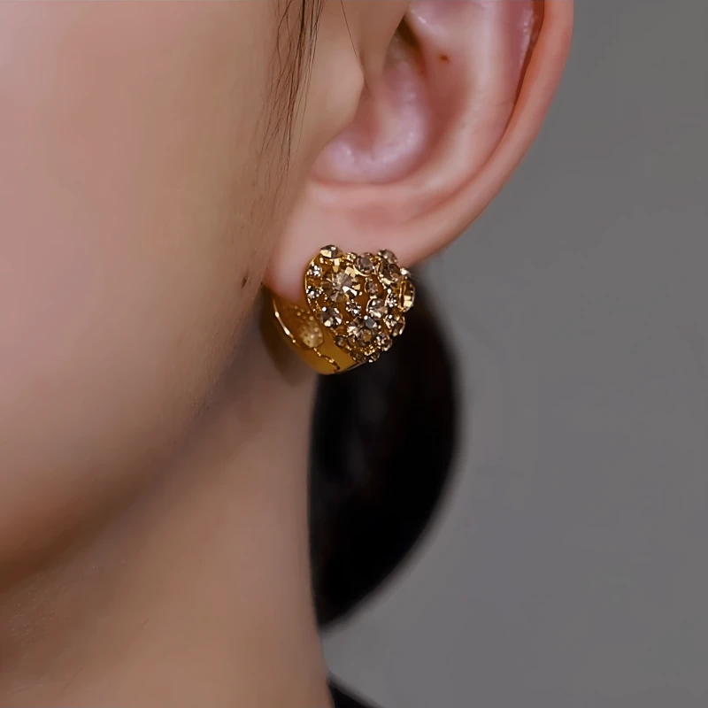 14K Gold-Plated Elegant Brown Diamond Double-Sided Heart Earrings - elegant Double-Sided Heart Earrings