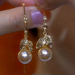 14K Gold-Plated Elegant Brown Diamond Leaf Pearl Threader Earrings - elegant Pearl Leaf Threader Earrings