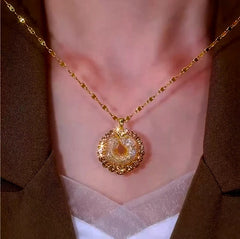 14K Gold-Plated Elegant Brown Diamond Mesh Hoop Pendant Necklace worn to showcase its length and pendant detail