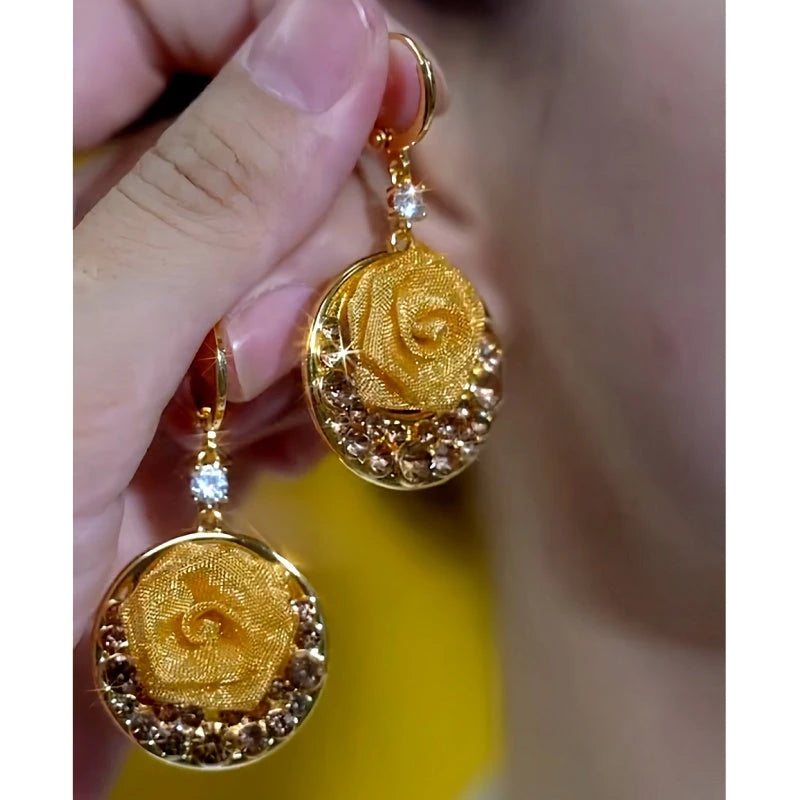 14K Gold-Plated Elegant Brown Zircon Diamond Rose Earrings - elegant Rose Flower Earrings