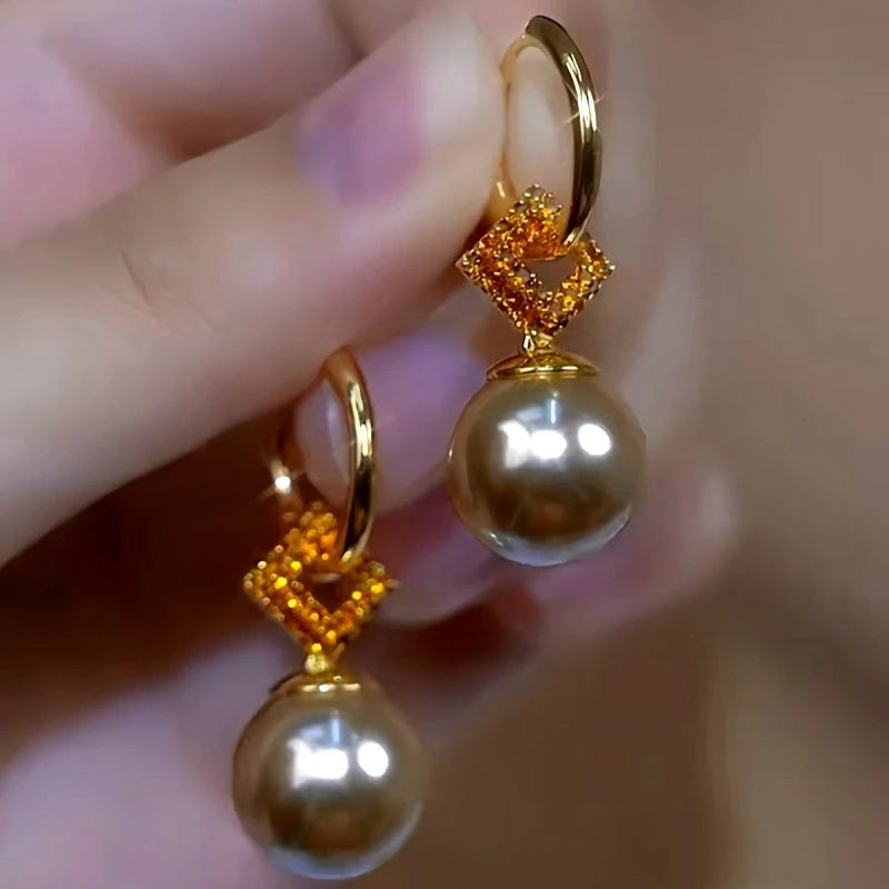 14K Gold-Plated Elegant Brown Zircon Pearl Earrings - elegant Zircon Pearl Earrings