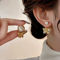 14K Gold-Plated Elegant Butterfly Pearl Earrings - elegant Butterfly Pearl Ear Jackets