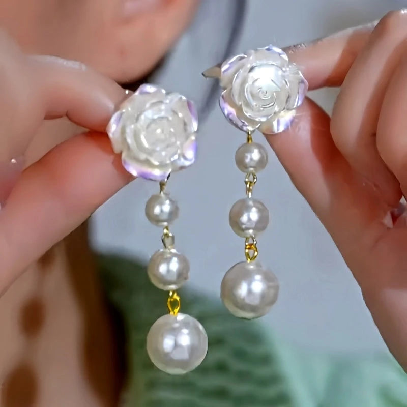 14K Gold-Plated Elegant Camellia Bead Tassel Earrings - elegant Camellia Tassel Earrings