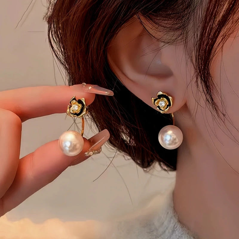 14K Gold-Plated Elegant Camellia Pearl Earrings - elegant Camellia Pearl Ear Jackets