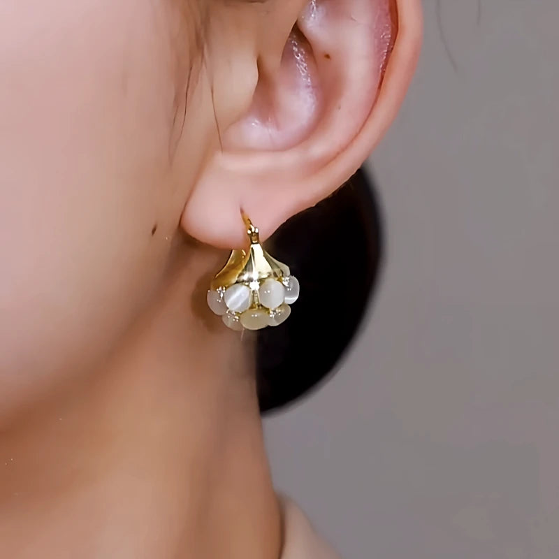 14K Gold-Plated Elegant Cat's Eye Stone Basket Earrings - elegant Cat's Eye Drop Earrings