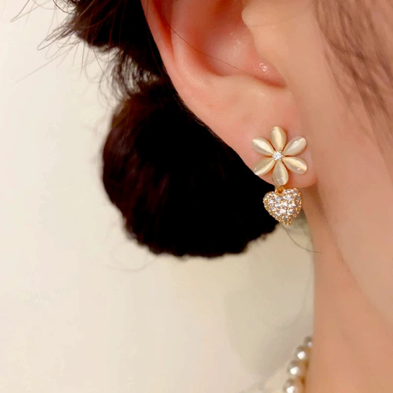 14K Gold-Plated Elegant Cat's Eye Stone Diamond Heart Earrings - elegant Cat's Eye Heart Earrings