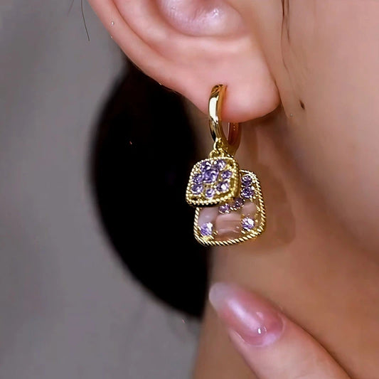 14K Gold-Plated Elegant Cat's Eye Stone Purple Diamond Earrings - elegant Purple Diamond Earrings