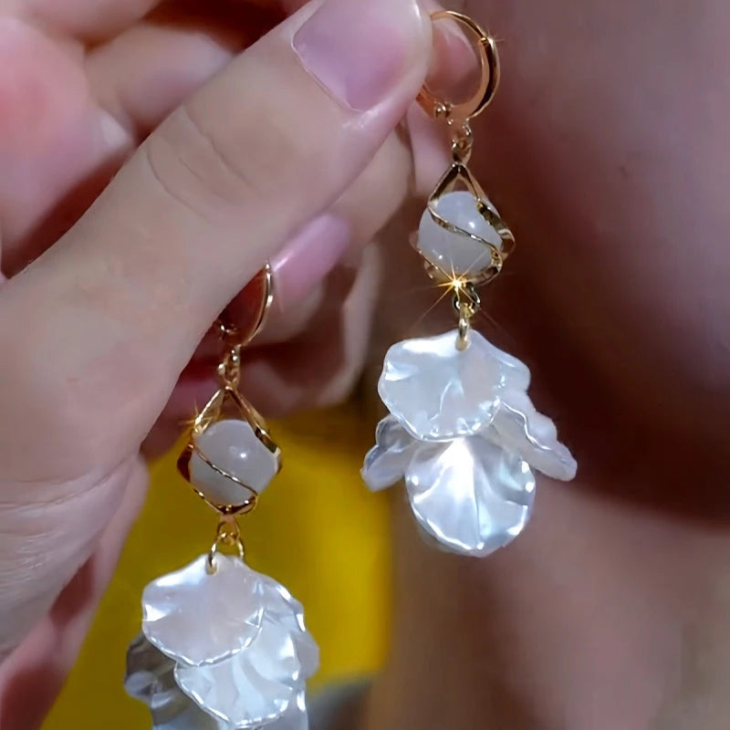 14K Gold-Plated Elegant Cat's Eye Stone Shell Tassel Earrings - elegant Shell Tassel Earrings