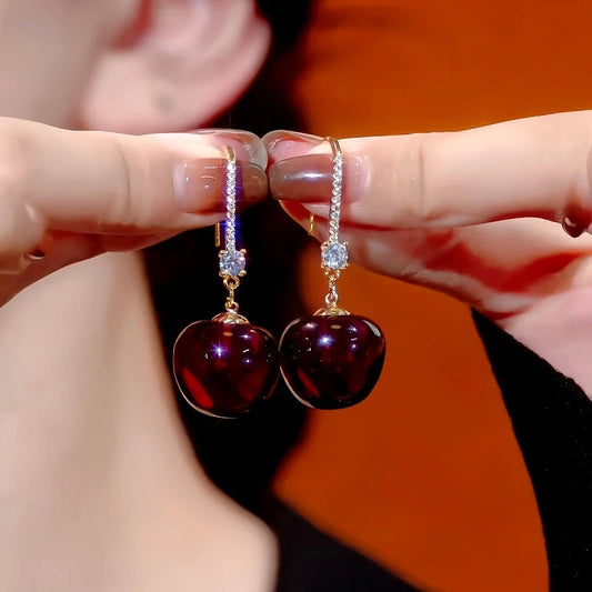 14K Gold-Plated Elegant Cherry 馃崚 Ear Hook Earrings - elegant Cherry Ear Hook Earrings