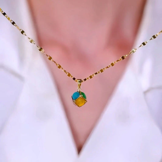 14K Gold-Plated Elegant Colorful Ball Pendant Necklace worn to showcase its length and pendant detail