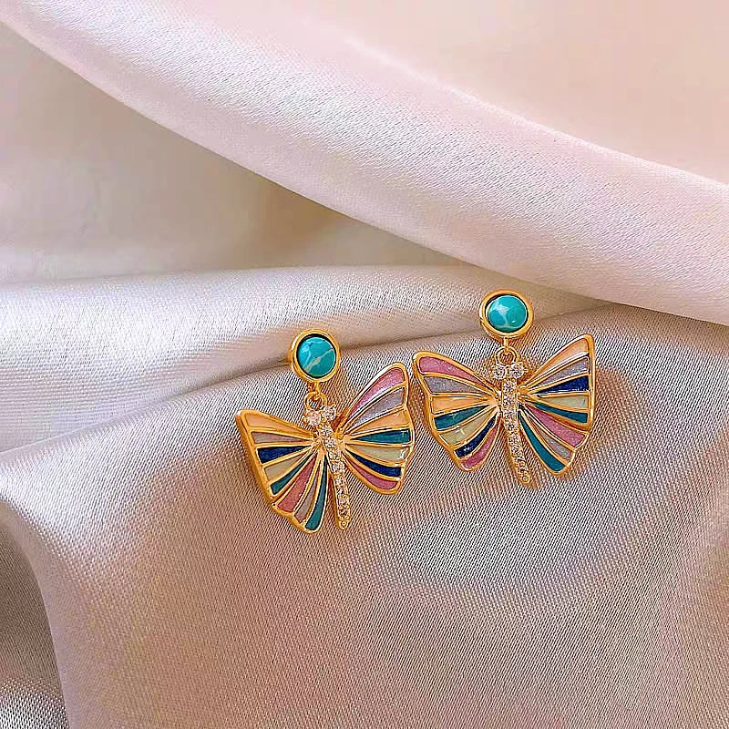 Angled view of the 14K Gold-Plated Elegant Colorful Butterfly Earrings