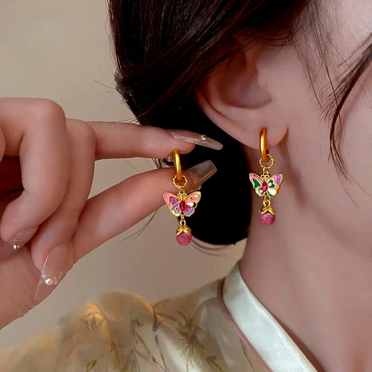14K Gold-Plated Elegant Colorful Butterfly Tassel Earrings - elegant Butterfly Tassel Earrings