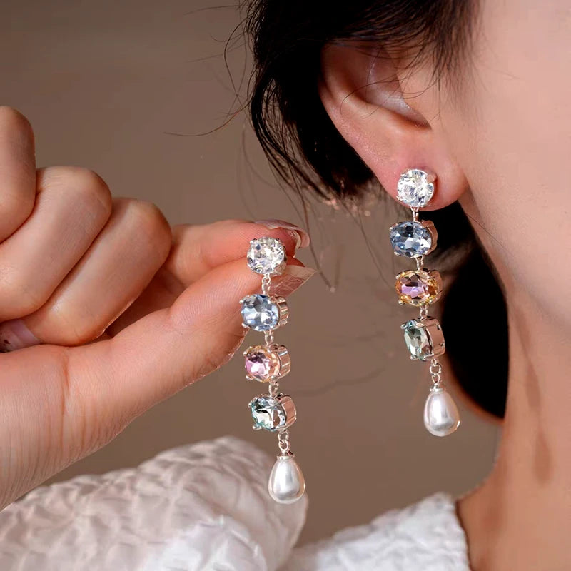 14K Gold-Plated Elegant Colorful Diamond Pearl Tassel Earrings - elegant Pearl Tassel Earrings