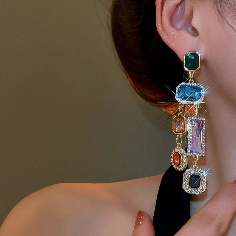 Close-up detail of the sparkling zircons and plating on the Colorful Tassel Earrings