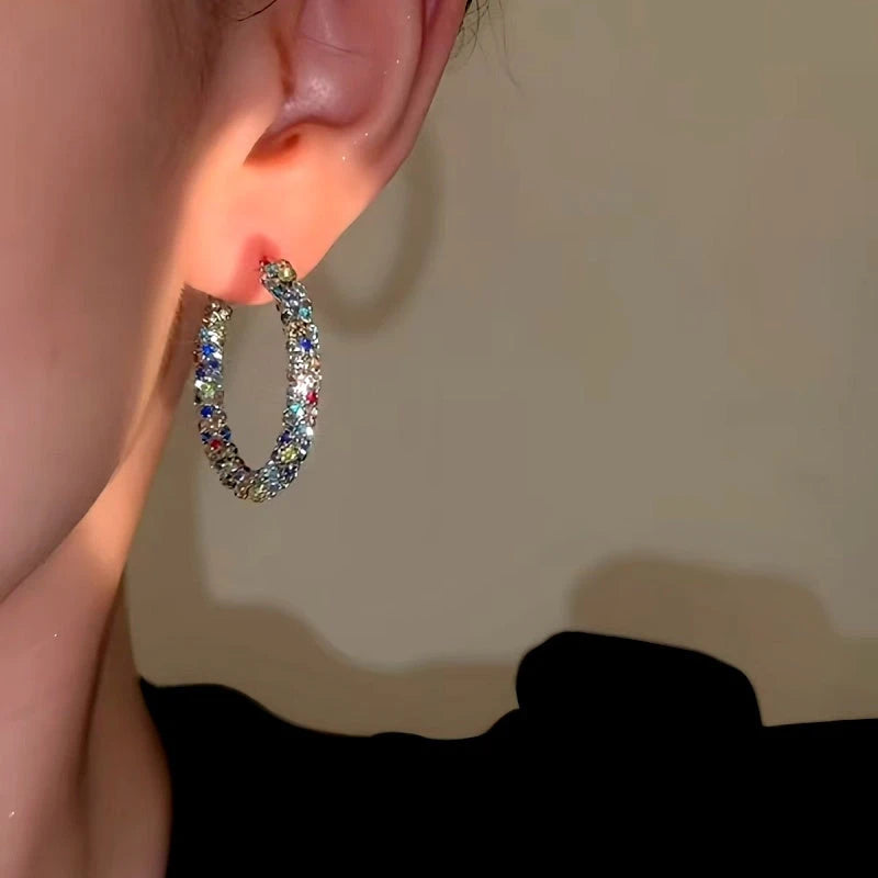 Close-up detail of the sparkling zircons and plating on the Colorful Hoop Earrings
