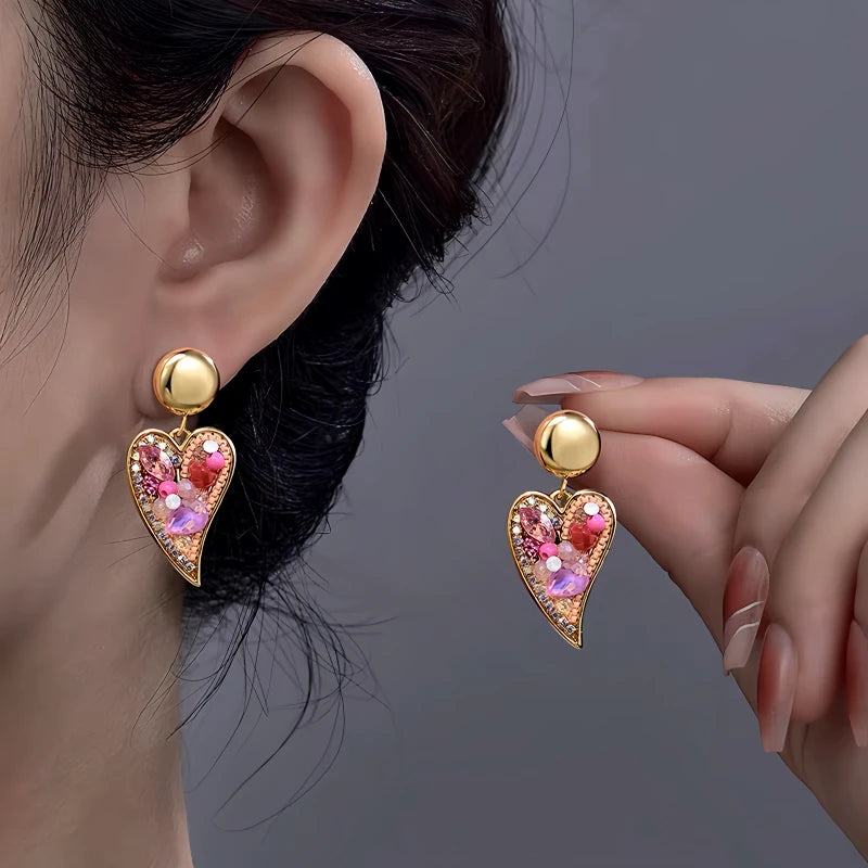 Close-up detail of the sparkling zircons and plating on the Colorful Heart Earrings