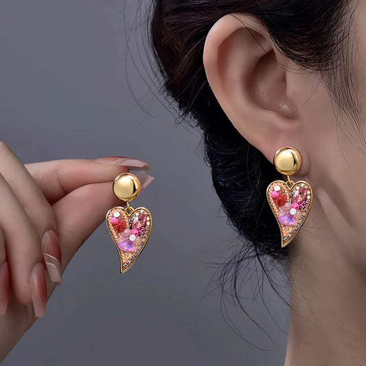14K Gold-Plated Elegant Colorful Zircon Diamond Heart Earrings - elegant Colorful Heart Earrings