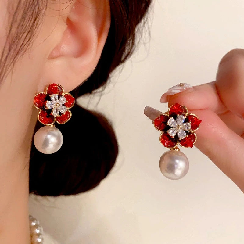 14K Gold-Plated Elegant Crystal Flower Pearl Earrings - elegant Flower Pearl Earrings