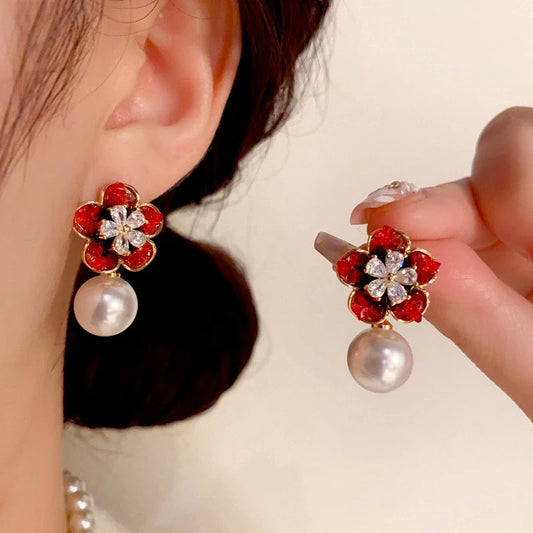14K Gold-Plated Elegant Crystal Flower Pearl Earrings - elegant Flower Pearl Earrings