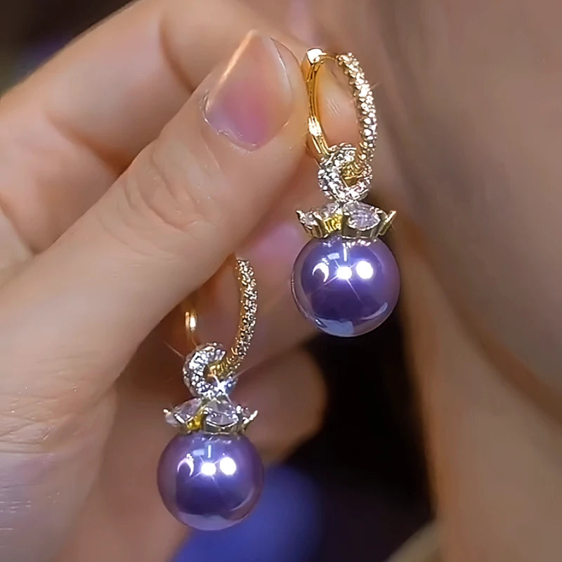 14K Gold-Plated Elegant Diamond-Studded Purple Pearl Earrings - elegant Purple Pearl Earrings