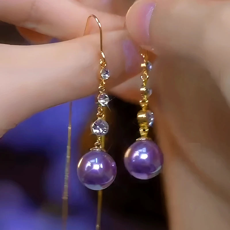 14K Gold-Plated Elegant Diamond-Studded Purple Pearl Threader Earrings - elegant Pearl Threader Earrings