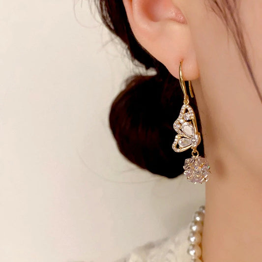 14K Gold-Plated Elegant Diamond Butterfly Ball Ear Hooks - elegant Butterfly Ear Hooks