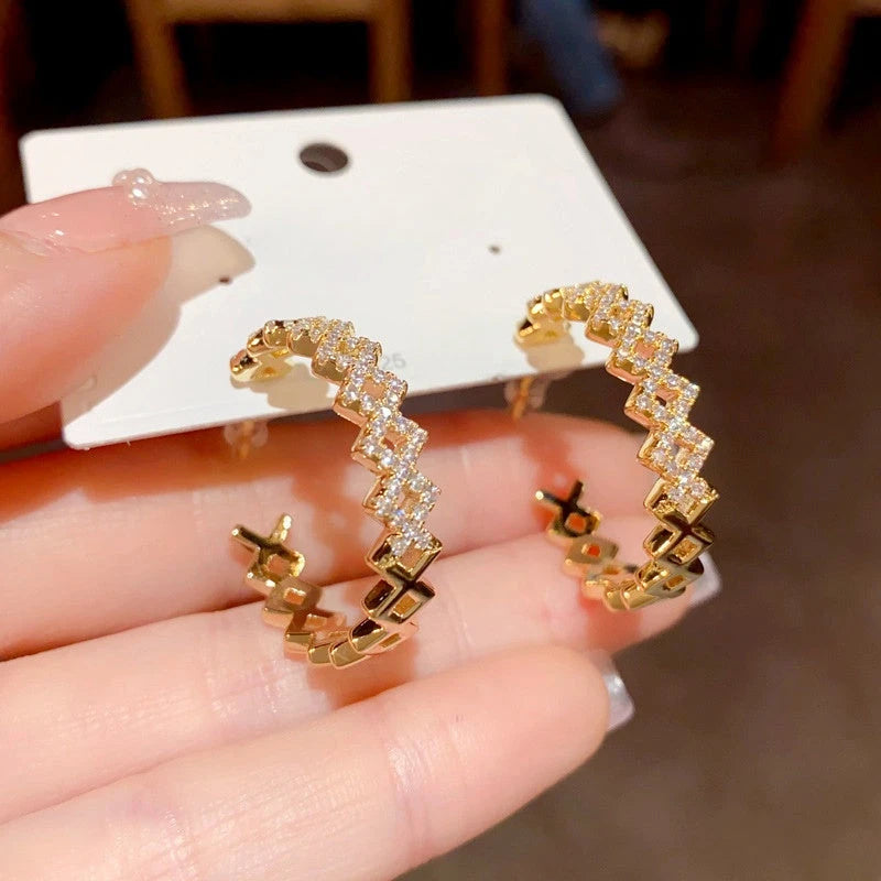 14K Gold-Plated Elegant Diamond C-Shaped Earrings - elegant Diamond C-Shaped Hoops