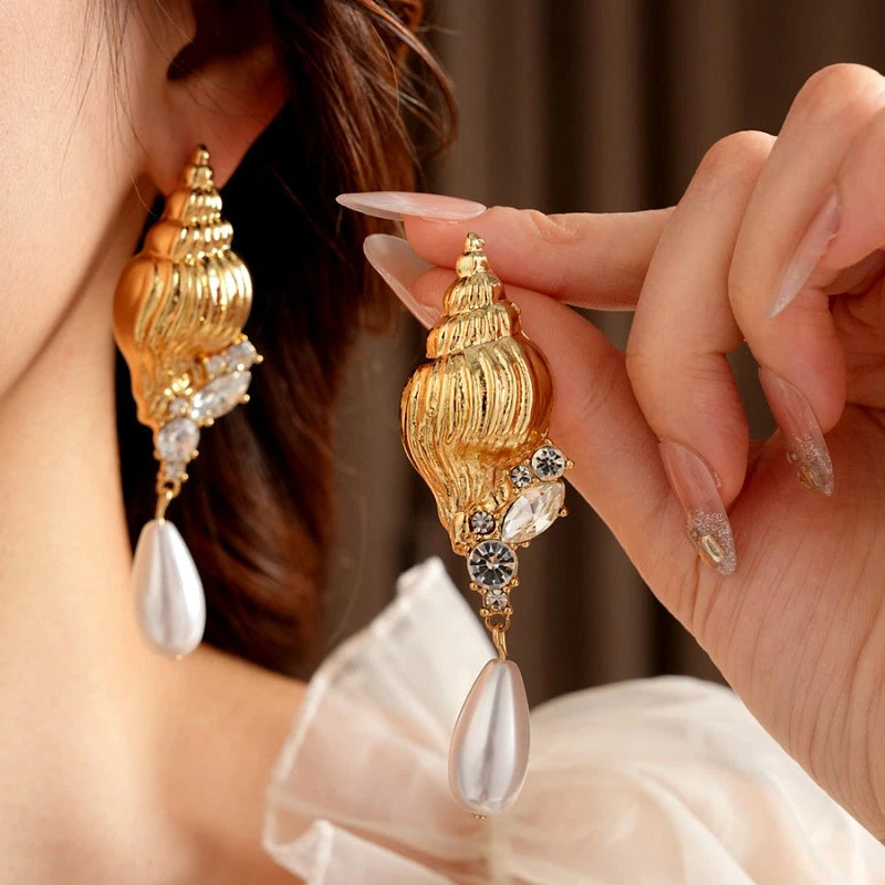 14K Gold-Plated Elegant Diamond Conch Drop Pearl Earrings - elegant Pearl Drop Earrings