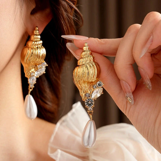 14K Gold-Plated Elegant Diamond Conch Drop Pearl Earrings - elegant Pearl Drop Earrings