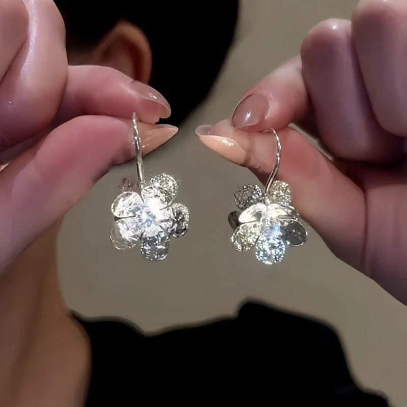 14K Gold-Plated Elegant Diamond Flower Ear Hooks - elegant Flower Ear Hooks