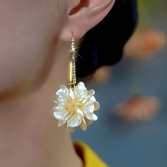 14K Gold-Plated Elegant Diamond Flower Pearl Earrings - elegant Flower Pearl Earrings