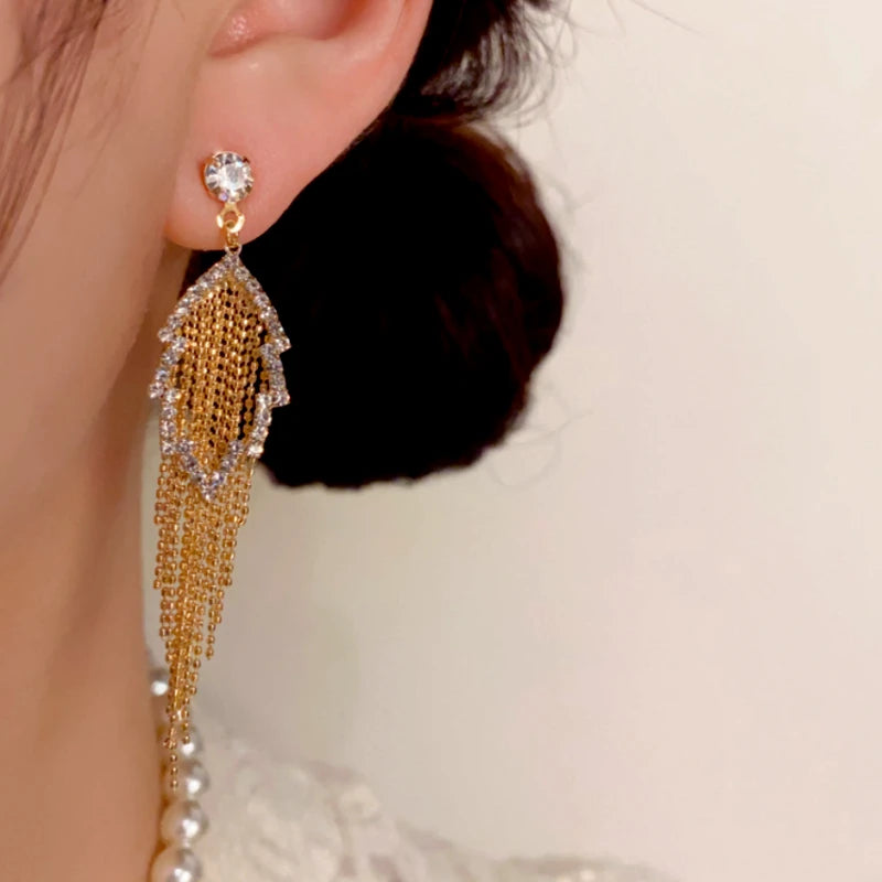 14K Gold-Plated Elegant Diamond Hollow Leaf Tassel Earrings - elegant Leaf Tassel Earrings