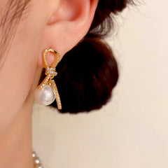 14K Gold-Plated Elegant Diamond Knotted Pearl Earrings - elegant Knotted Pearl Earrings