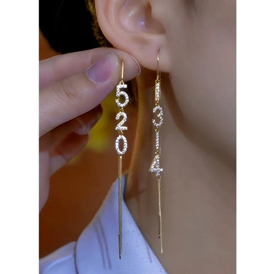 14K Gold-Plated Elegant Diamond Number Threader Tassel Earrings - elegant Threader Tassel Earrings