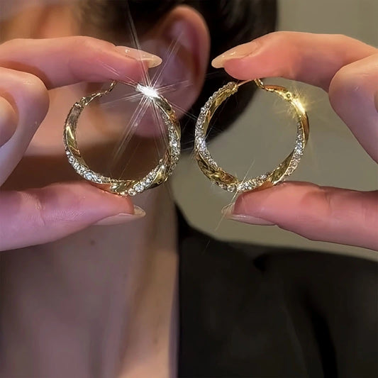 14K Gold-Plated Elegant Diamond Twisted Hoop Earrings - elegant Twisted Hoop Earrings