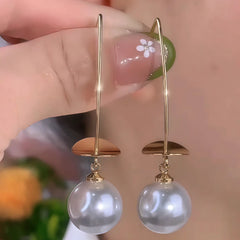 14K Gold-Plated Elegant Disc Pearl Long Ear Hooks - elegant Pearl Ear Hooks