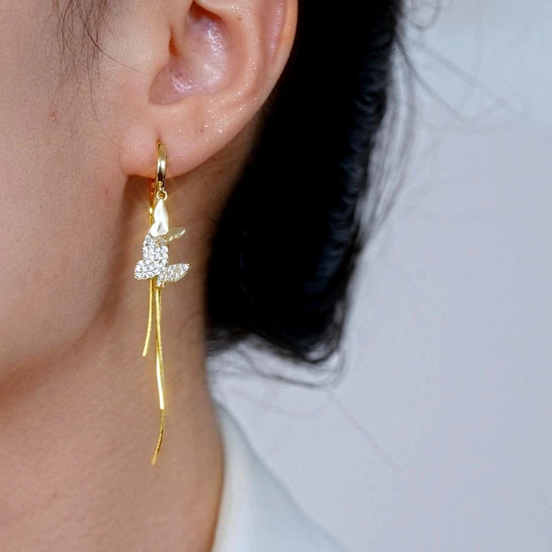 Close-up detail of the sparkling zircons and plating on the Double Butterfly Earrings